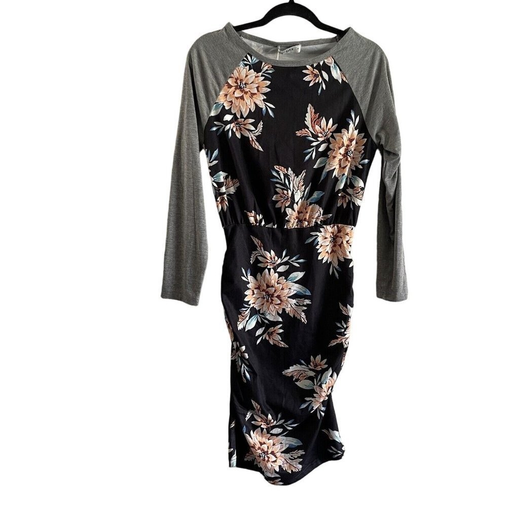 Grace Karin Women S Black/Gray Floral Ruched Sides Long Sleeve Shirt Dress NWT